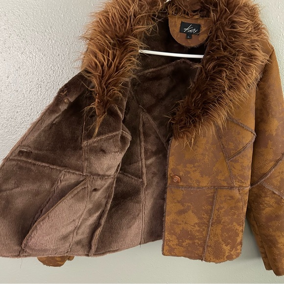 Kaity Brown Faux Fur Collar Vegan Leather Patchwork Coat Sz L Penny Lane Jacket - Picture 5 of 11